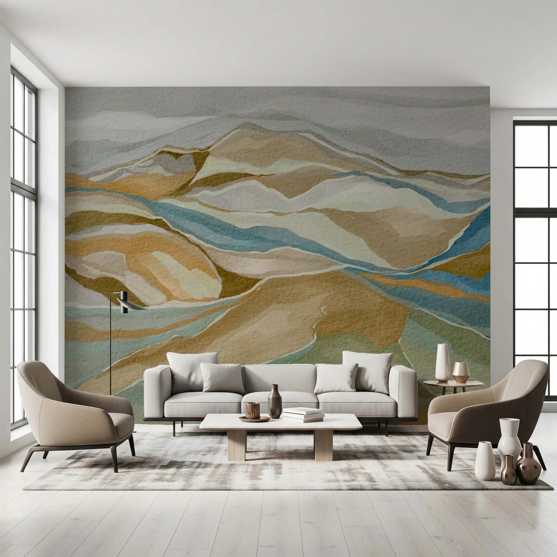 Soft neutral lounge framed by Watercolor Ridge view Wall Mural, GD8883