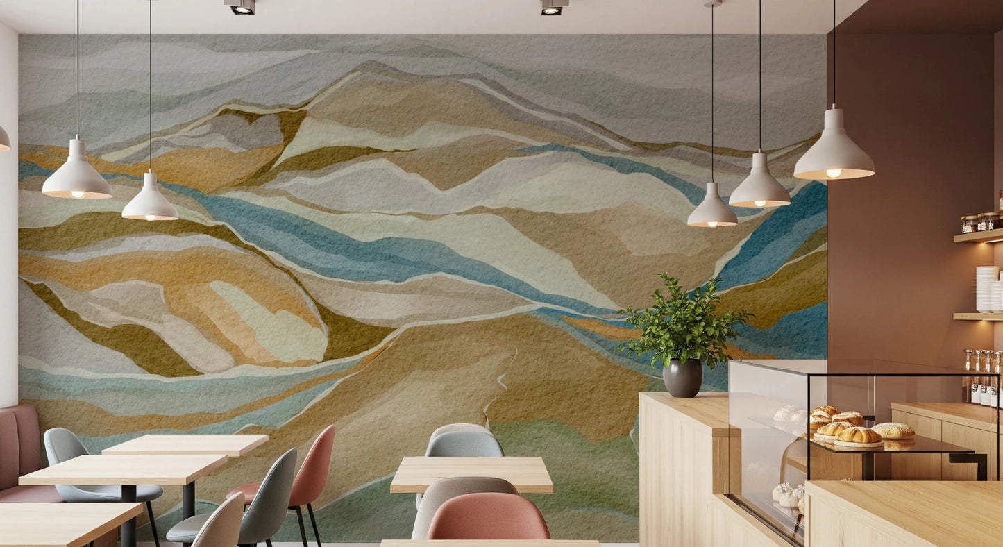 Warm Café and restaurants with Watercolor Ridge view Wall Mural and layered hills, GD8883