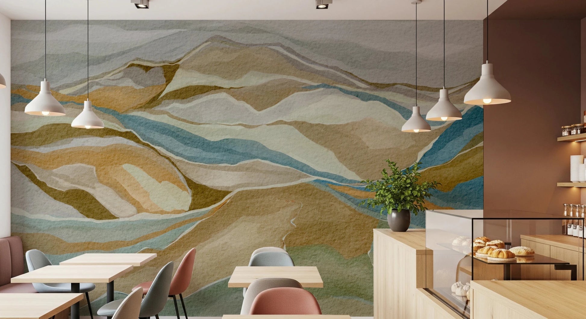 Warm Café and restaurants with Watercolor Ridge view Wall Mural and layered hills, GD8883