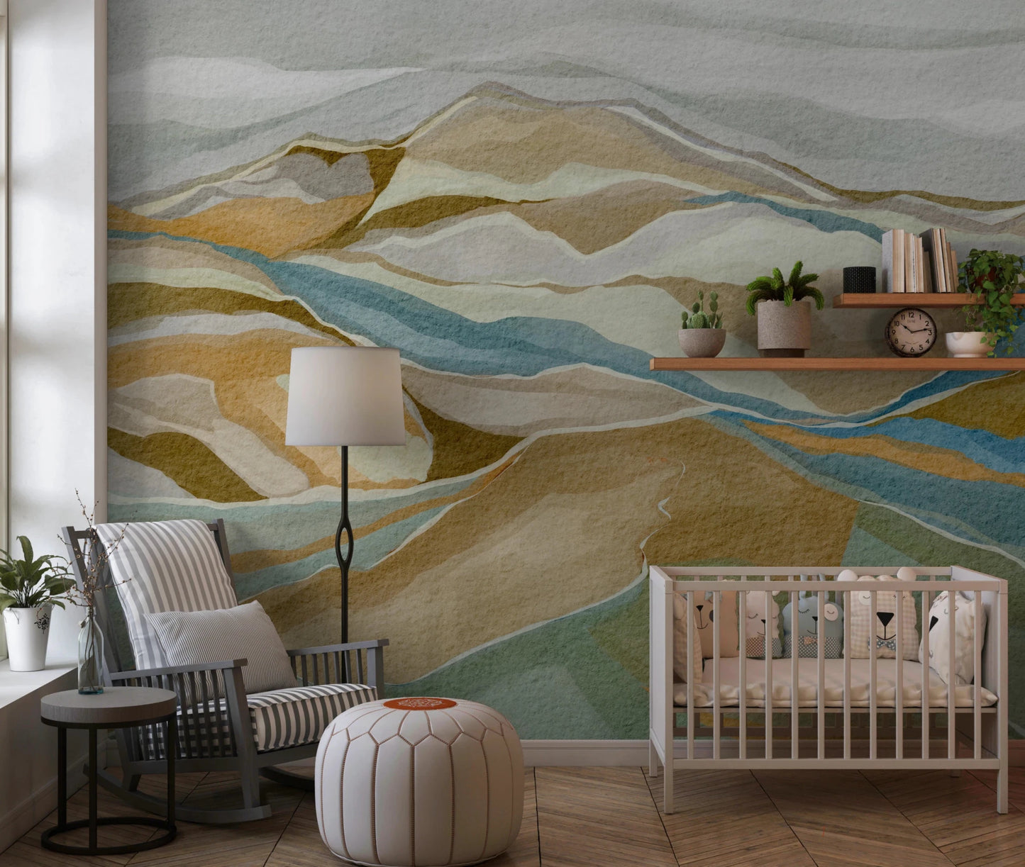 A cozy Nursery featuring Watercolor Ridge view Wall Mural above the bed, GD8883