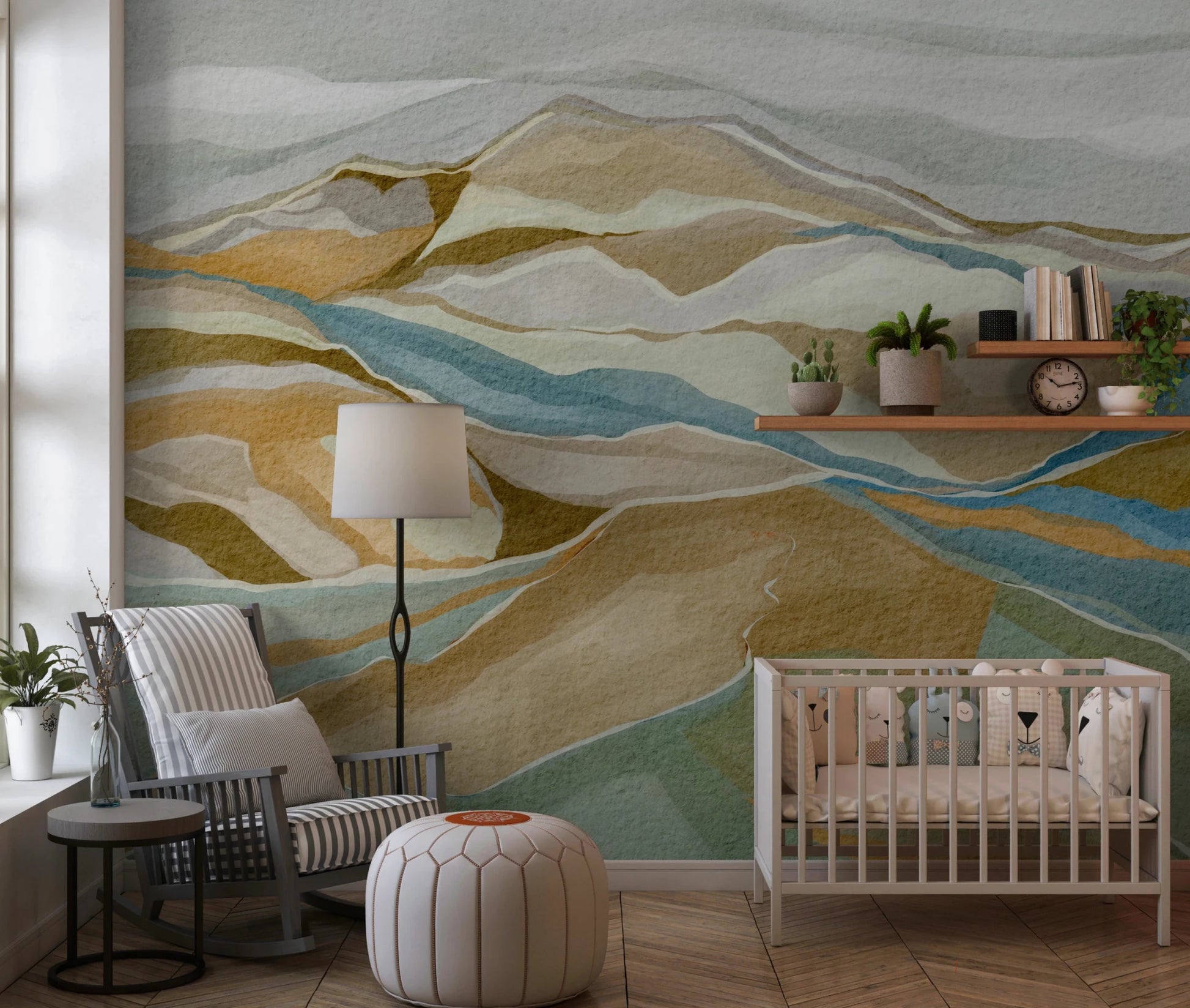 A cozy Nursery featuring Watercolor Ridge view Wall Mural above the bed, GD8883