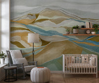 A cozy Nursery featuring Watercolor Ridge view Wall Mural above the bed, GD8883