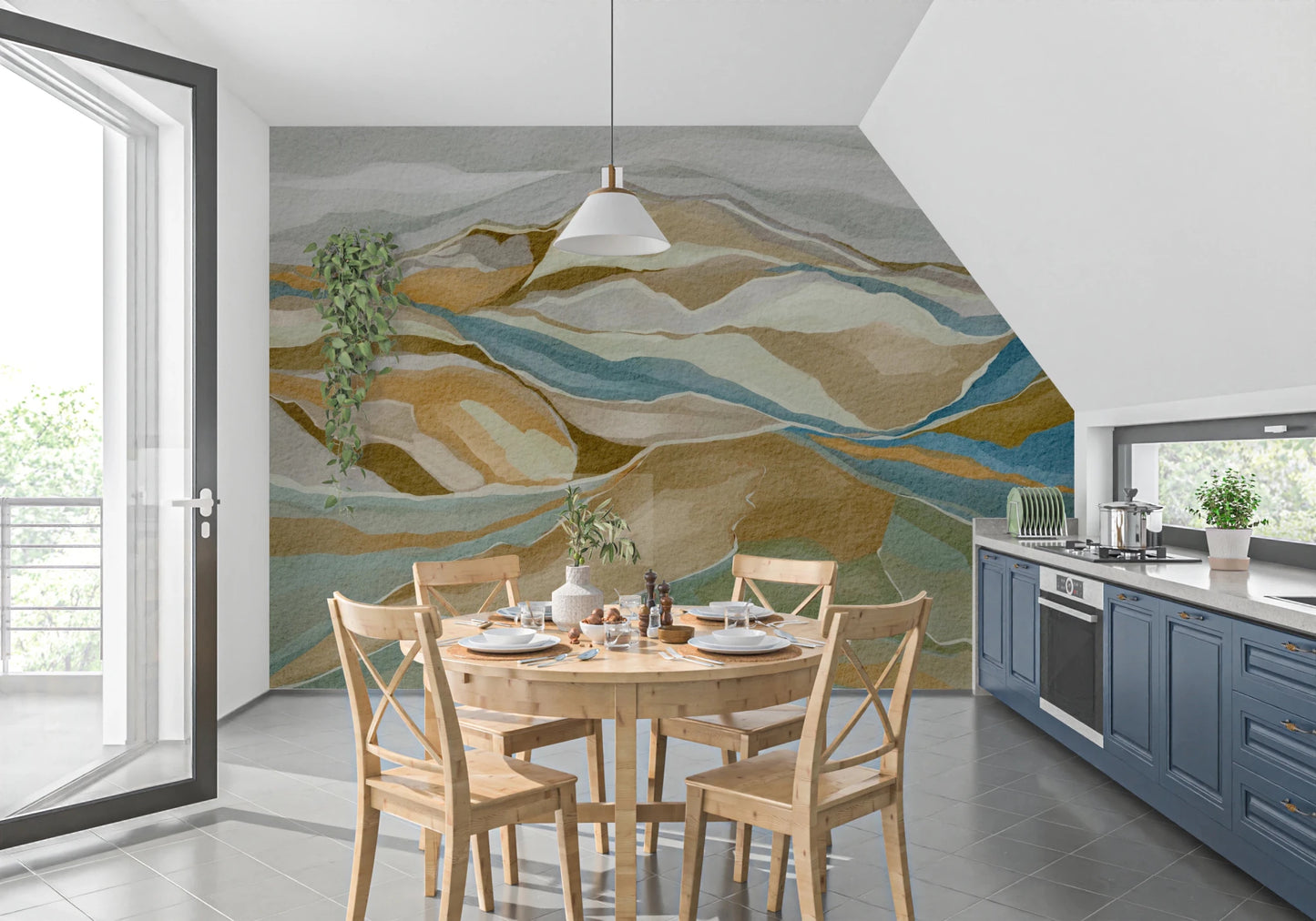 Dining space styled with Watercolor Ridge view Wall Mural in soft earth tones, GD8883