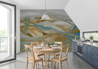Dining space styled with Watercolor Ridge view Wall Mural in soft earth tones, GD8883