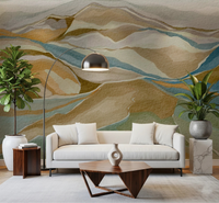 Watercolor Ridge view Wall Mural behind a cream sofa in a bright living room, GD8883