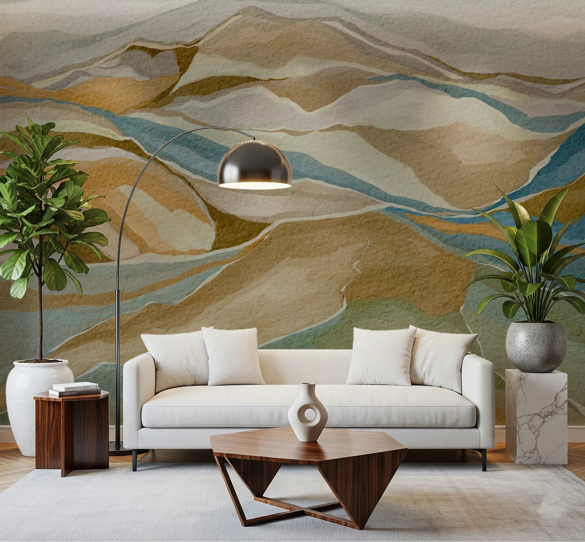 Watercolor Ridge view Wall Mural behind a cream sofa in a bright living room, GD8883