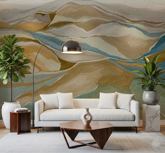 Watercolor Ridge view Wall Mural behind a cream sofa in a bright living room