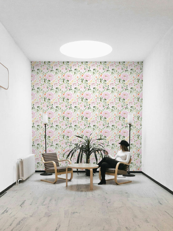 Watercolor Roses wallpaper featuring pink blooms and soft green foliage GD4908
