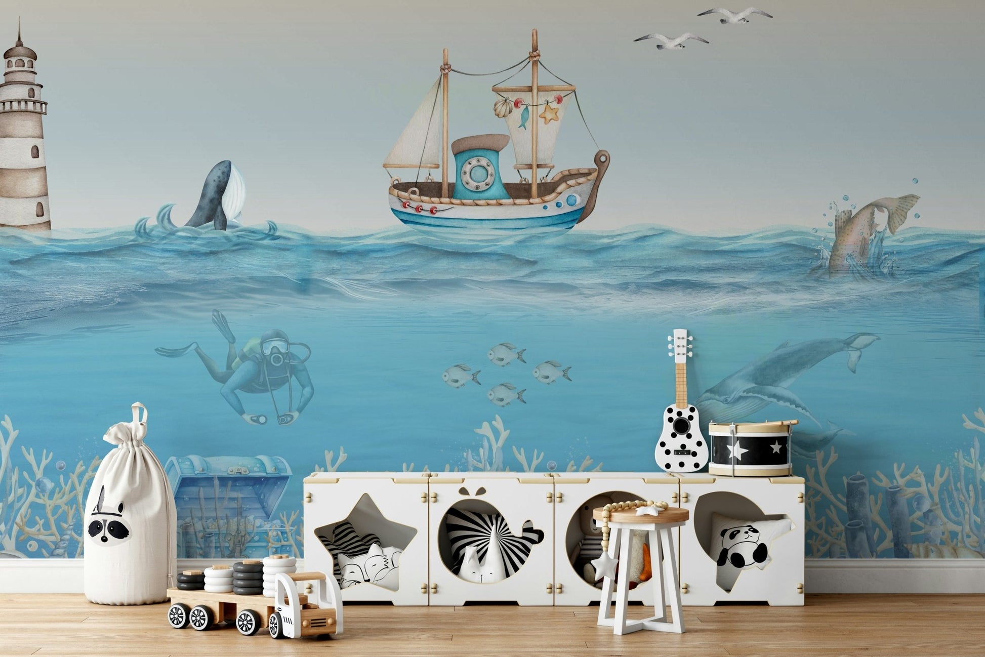 The light filters down from the surface, creating a dreamy glow.

