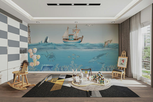 A peaceful underwater scene with friendly sea creatures.

