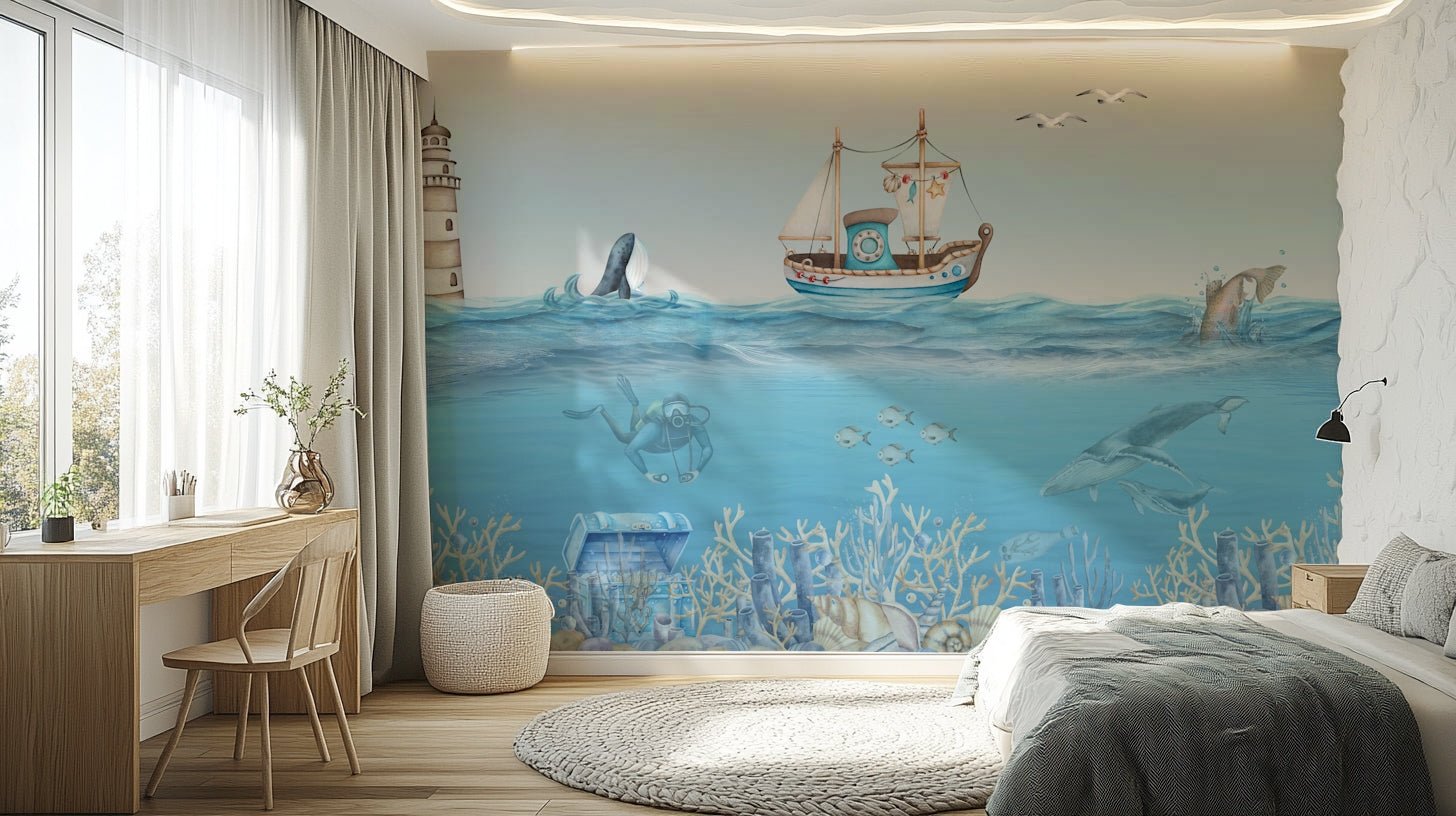 Colorful fish and seahorses are visible.

