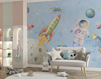 Watercolor Space Adventure Light Blue Wall MuralGD9136