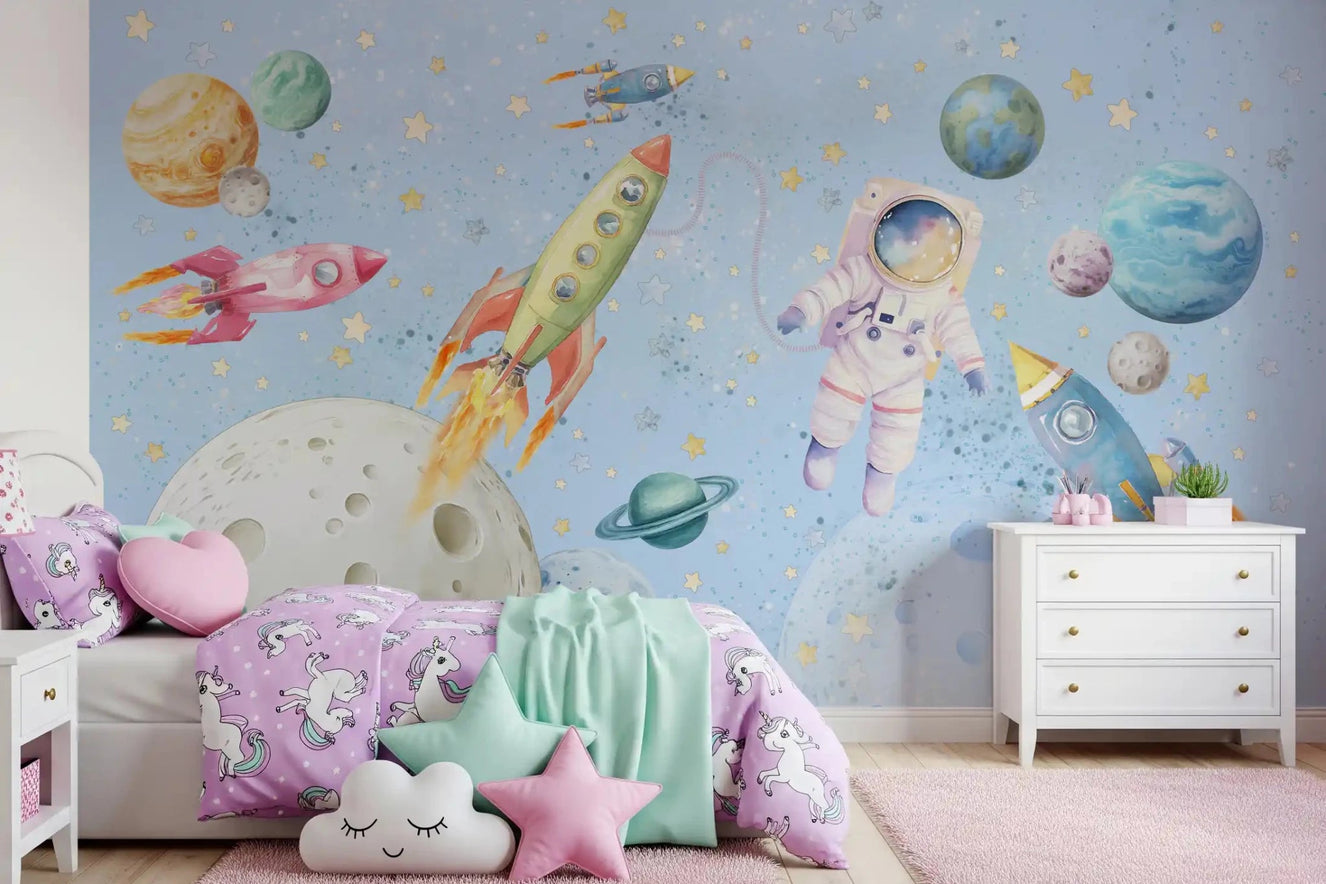 A kids bedroom playful and dreamy with the Space wall mural behind the bed
GD9136