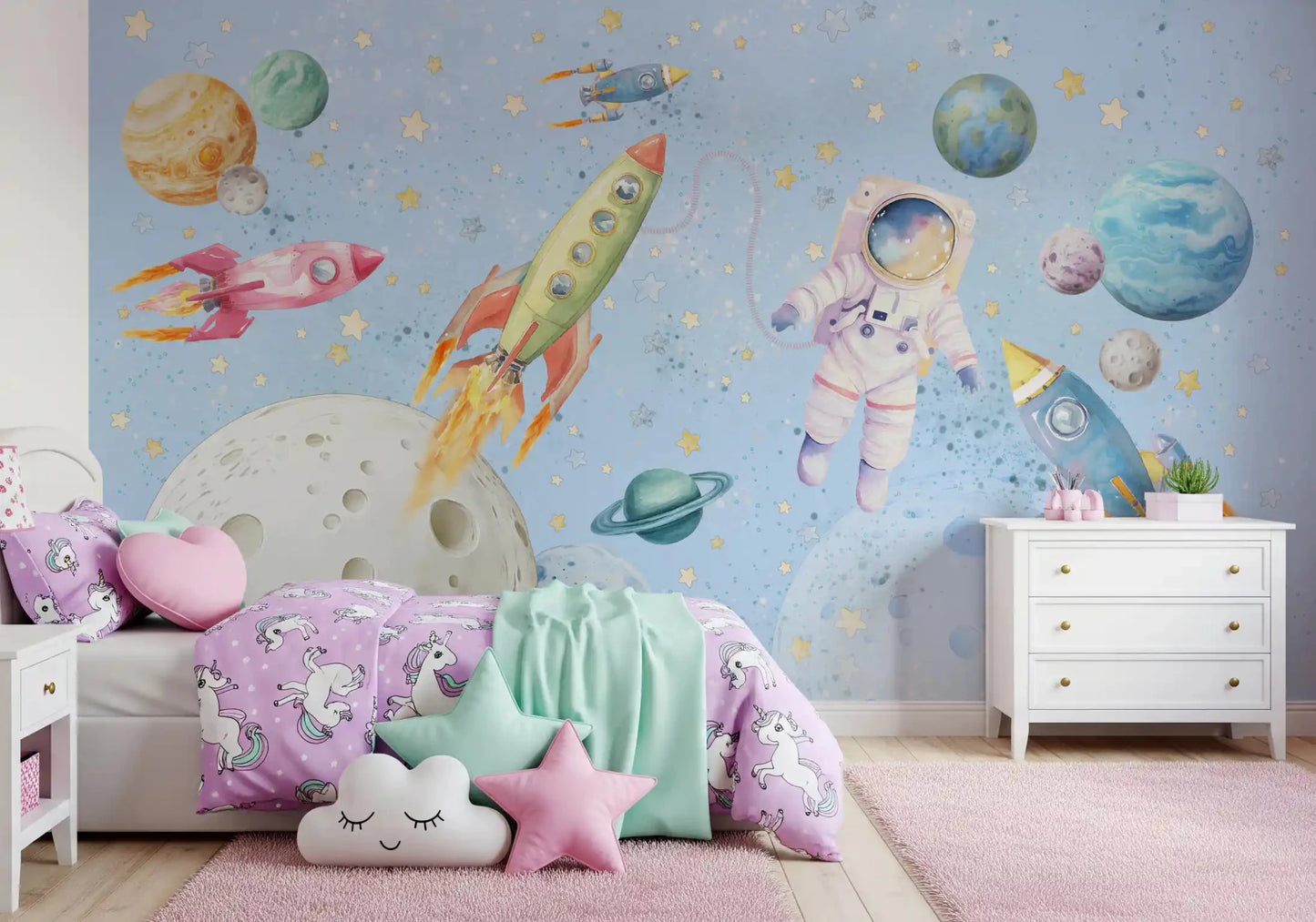 Watercolor Space Adventure Light Blue Wall MuralGD9136