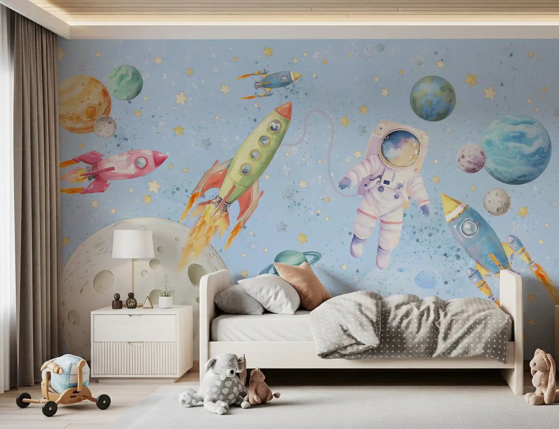 Watercolor Space Adventure Light Blue Wall MuralGD9136