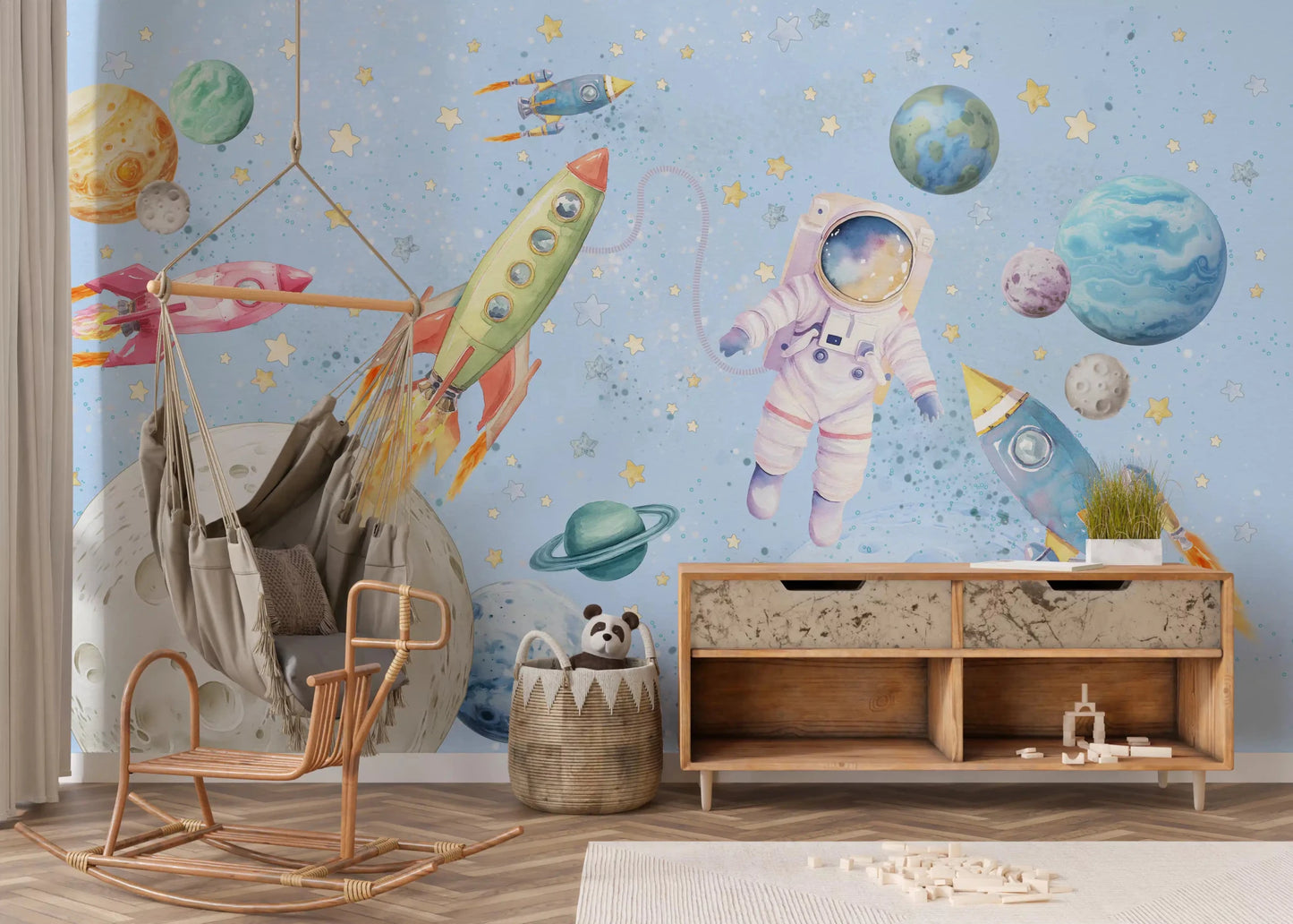 Watercolor Space Adventure Light Blue Wall MuralGD9136
