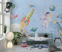 Watercolor Space Adventure Light Blue Wall MuralGD9136