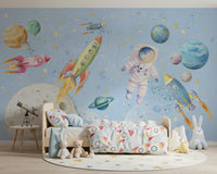 Watercolor Space Adventure Light Blue Wall MuralGD9136