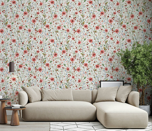 Red poppies blue berries green vines wallpaper for kitchen accent wall.