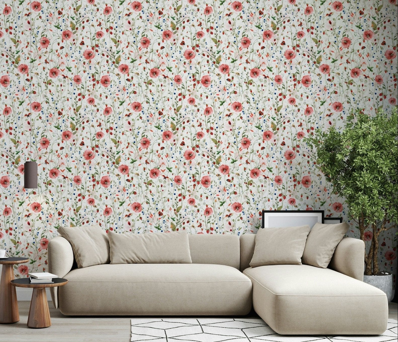 Red poppies blue berries green vines wallpaper for kitchen accent wall., GD7175