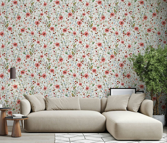 Red poppies blue berries green vines wallpaper for kitchen accent wall., GD7175