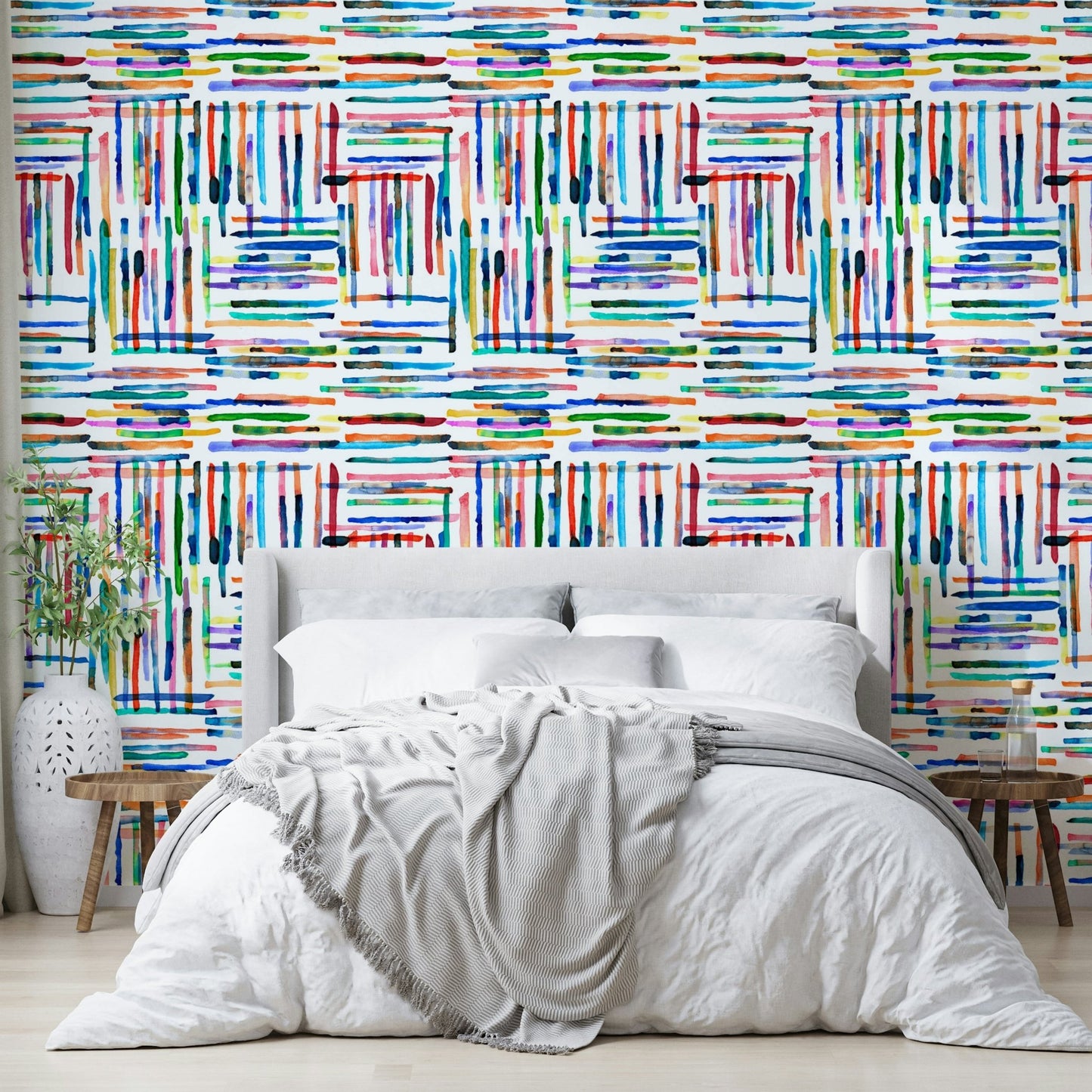 Striped watercolor tile wallpaper in blue shades.

