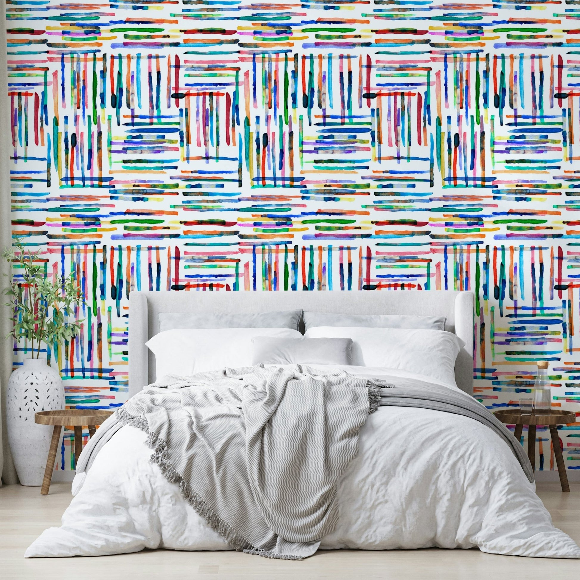 Striped watercolor tile wallpaper in blue shades.

