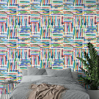 Unique watercolor tile wallpaper in blue and stripes.

