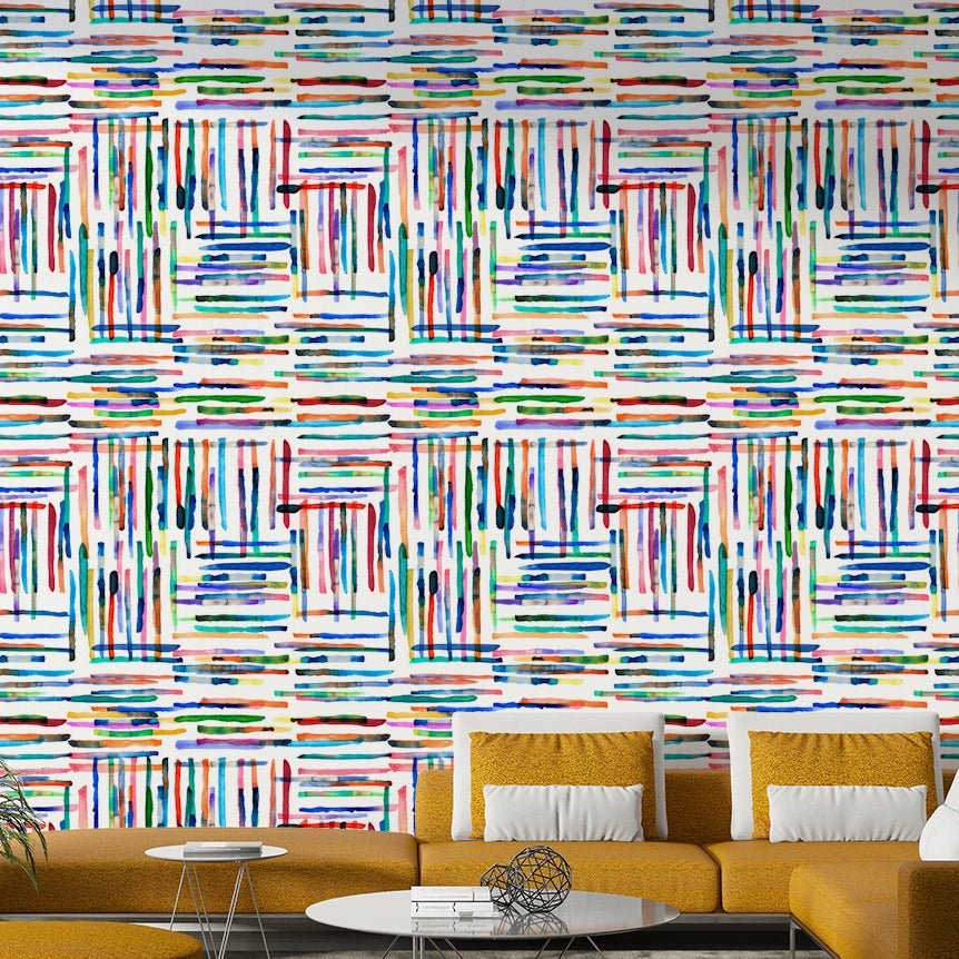 Modern blue tile wallpaper with watercolor stripes.

