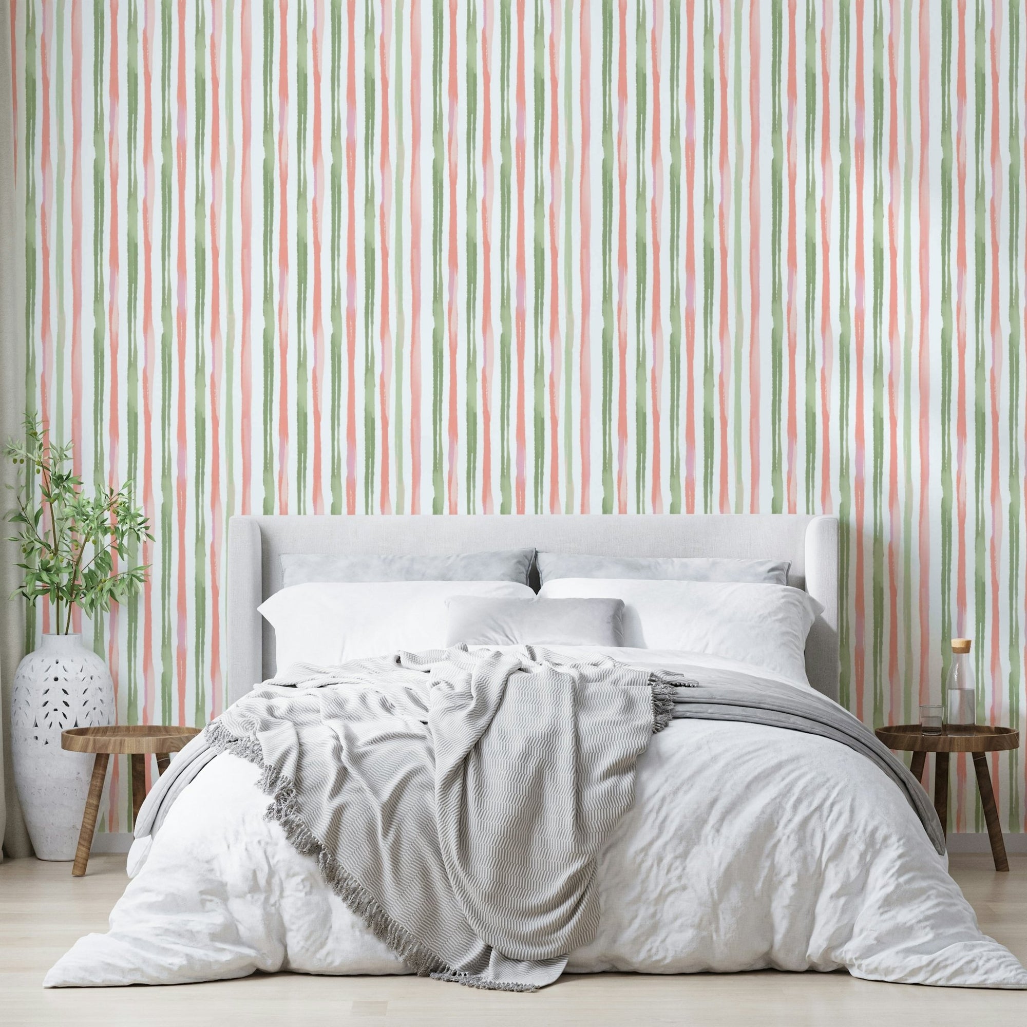 Watercolor Stripes wallpaper featuring coral and green painted bands GD4925
