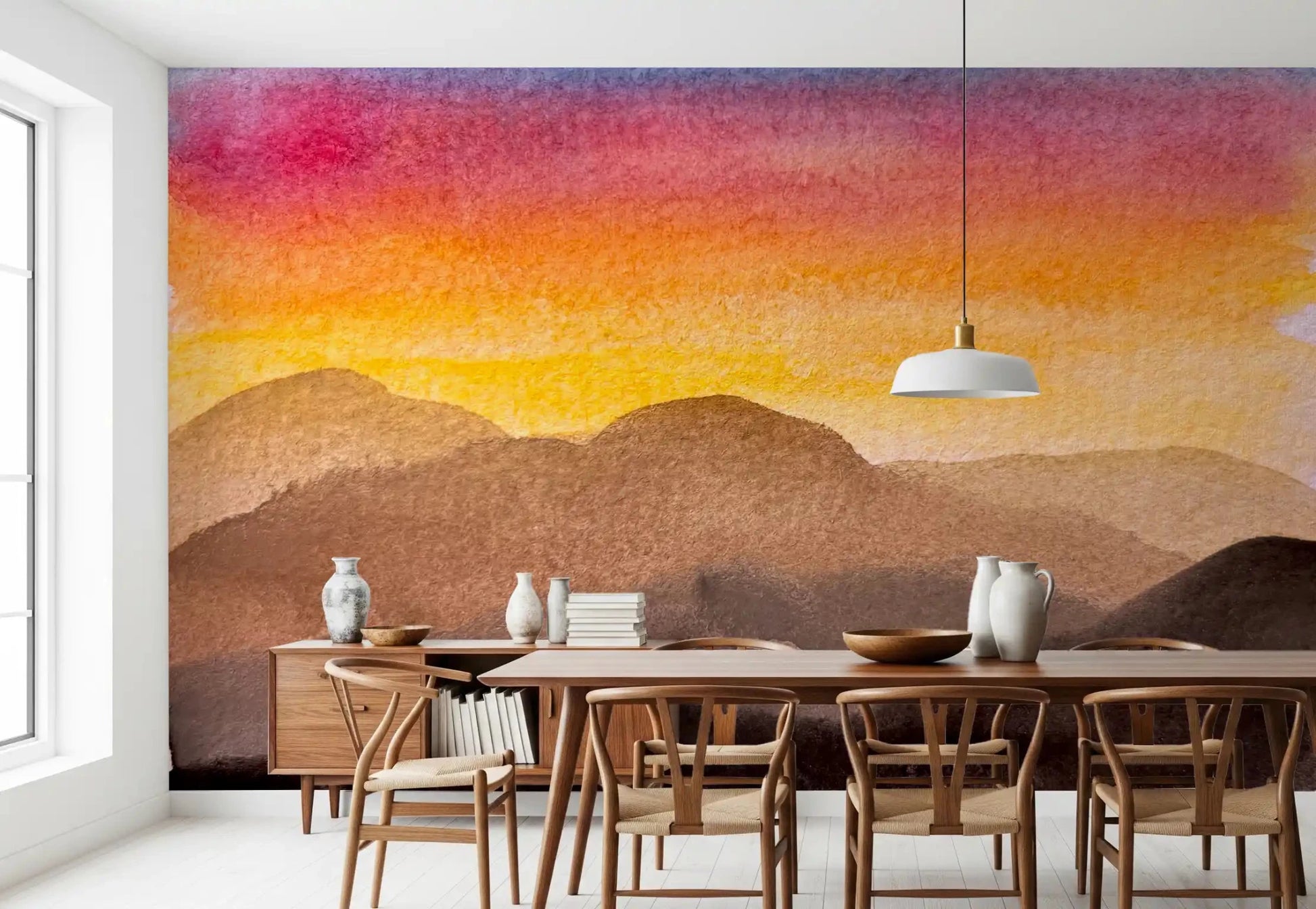 Abstract landscape wall mural with Watercolor Sunset color gradient