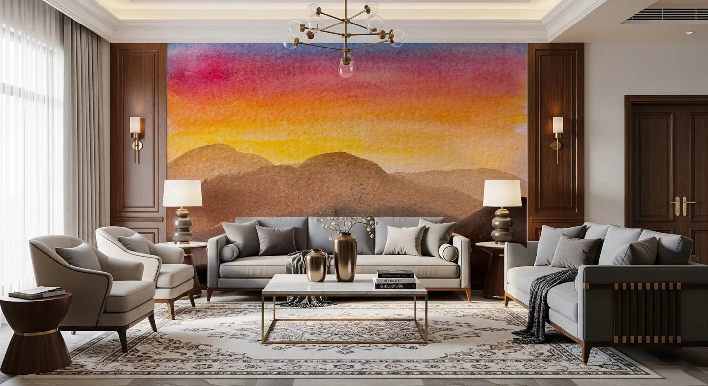 Watercolor Sunset wall mural showing layered mountains and warm sky