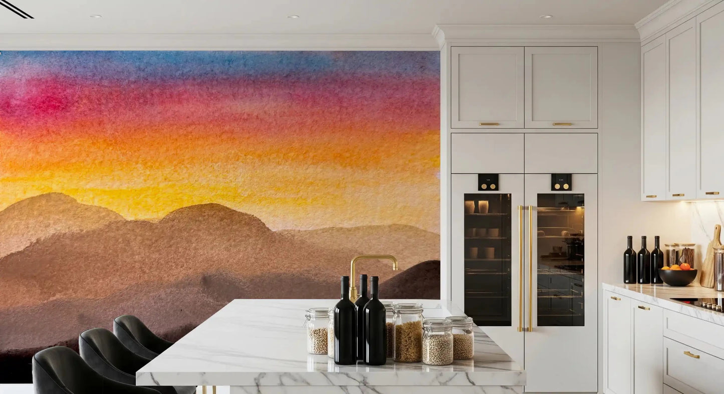 Artistic sunset wall mural featuring Watercolor Sunset warm tones