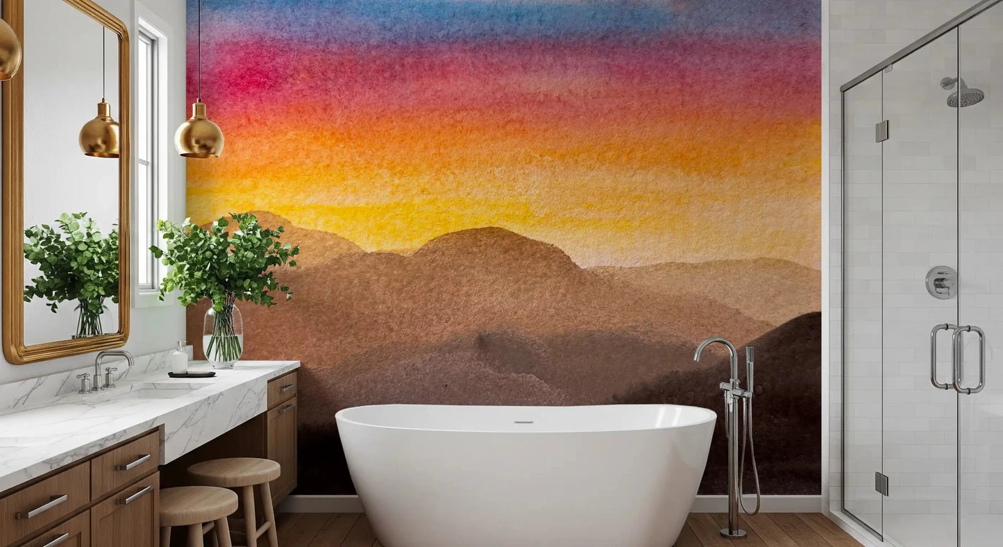 Bathroom design using Watercolor Sunset wall mural soft horizon tones