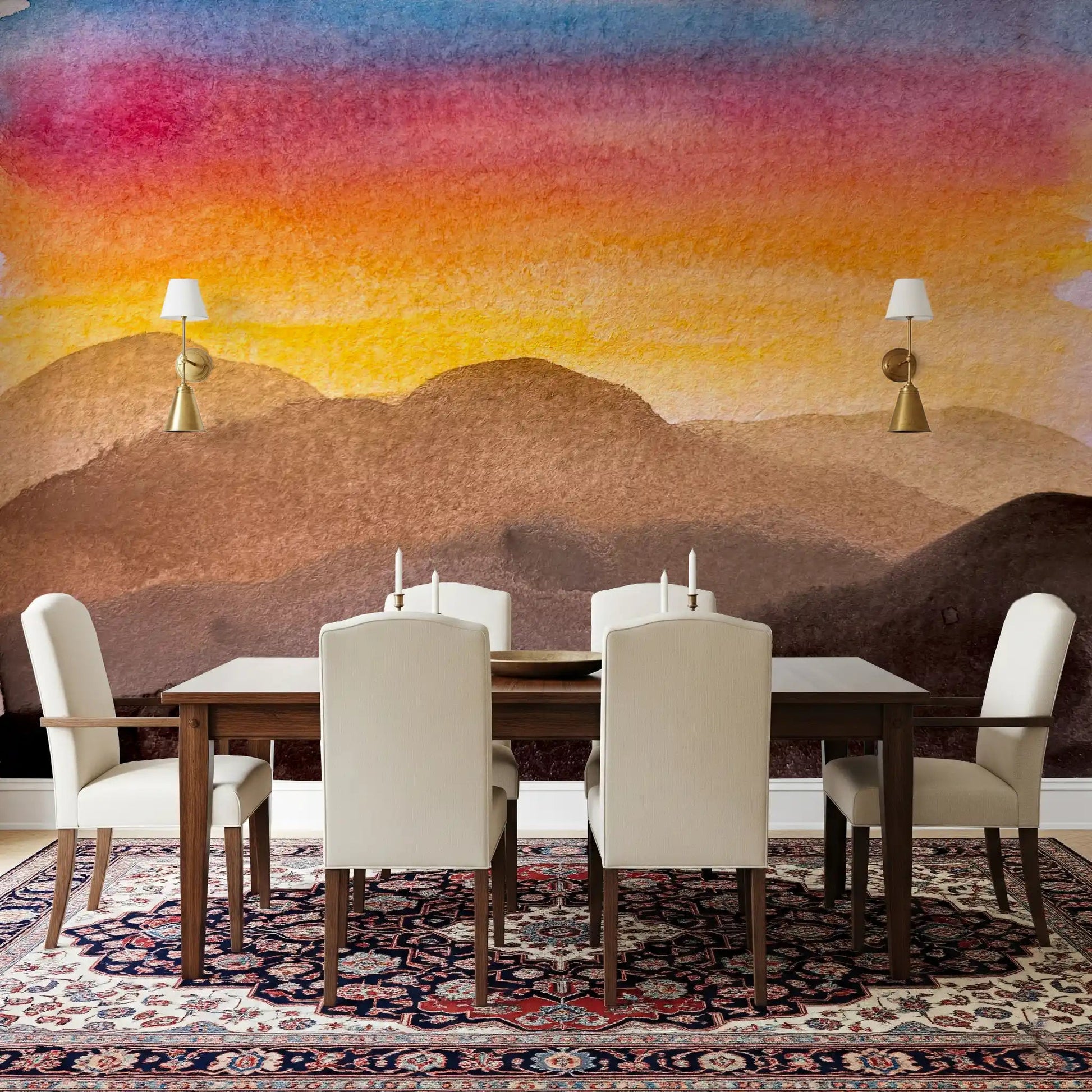 Watercolor Sunset wall mural with blurred mountain silhouette layers
