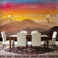 Watercolor Sunset wall mural with blurred mountain silhouette layers