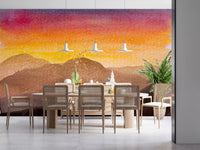 Watercolor Sunset wall mural with orange pink and blue sky blend