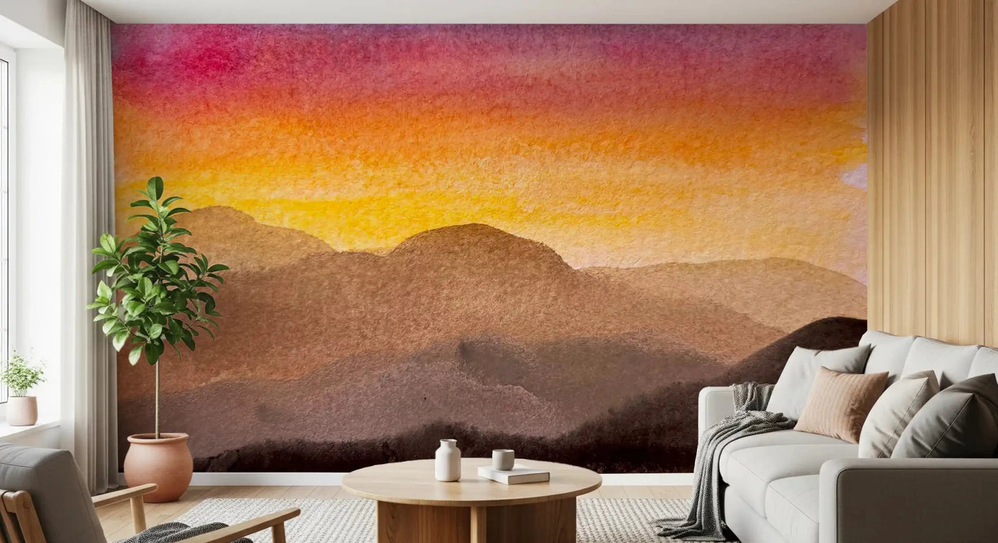 Living room styled with Watercolor Sunset wall mural warm gradient sky