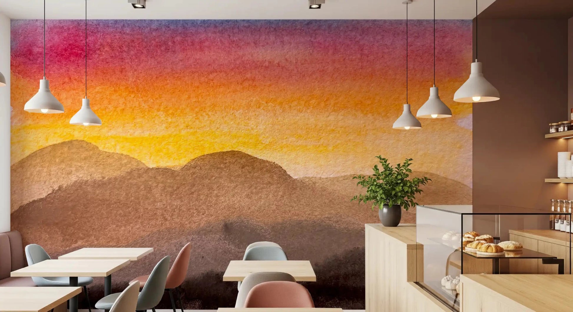 Cafe area setup with Watercolor Sunset wall mural scenic backdrop