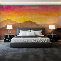 Bedroom interior featuring Watercolor Sunset wall mural mountain view