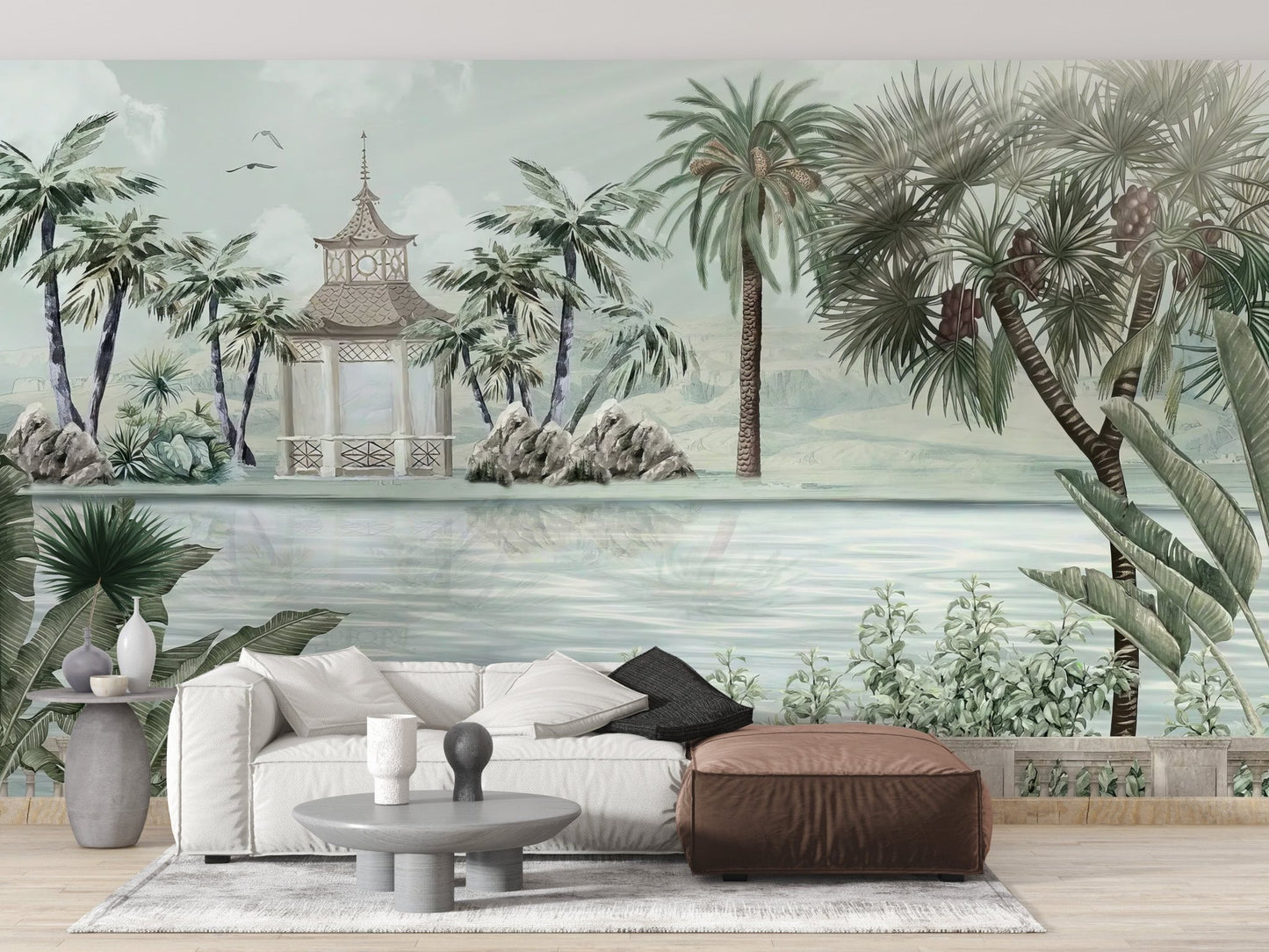 Artistic riverbank mural with tropical hues
