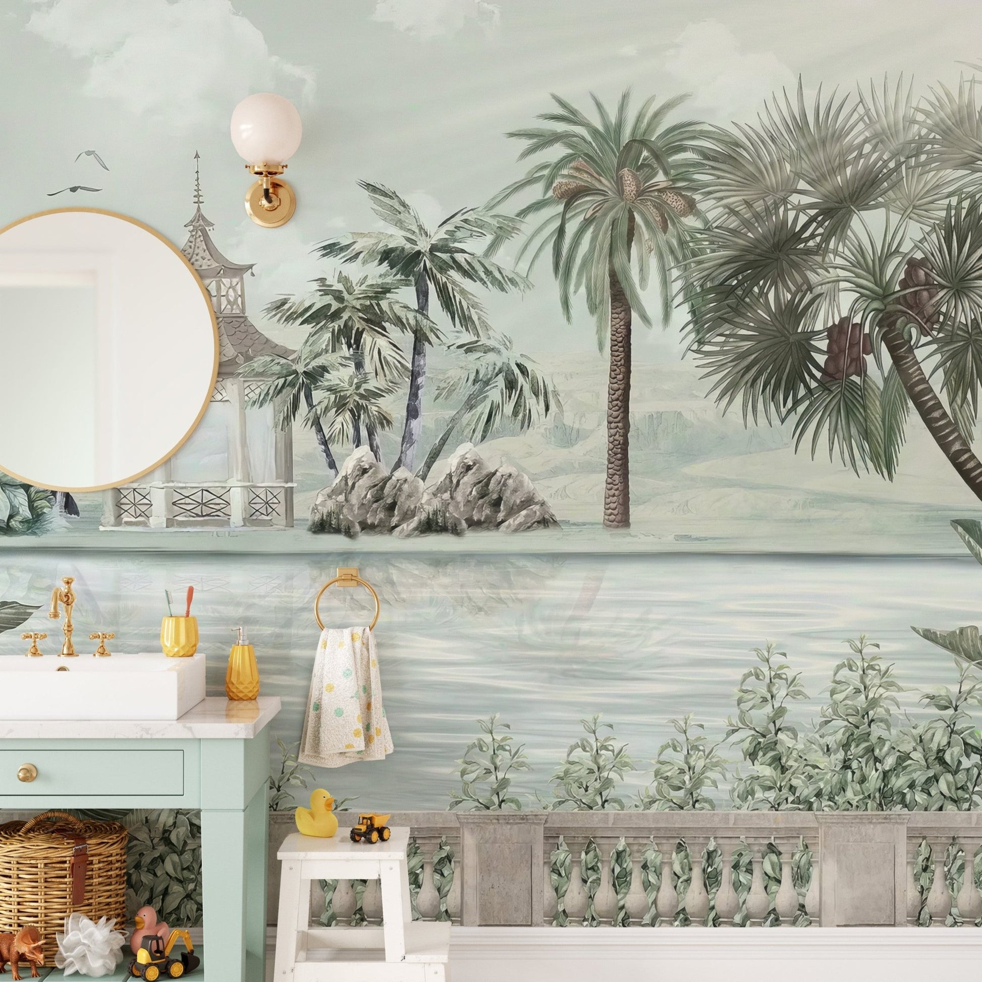 Vibrant tropical riverbank wall mural
