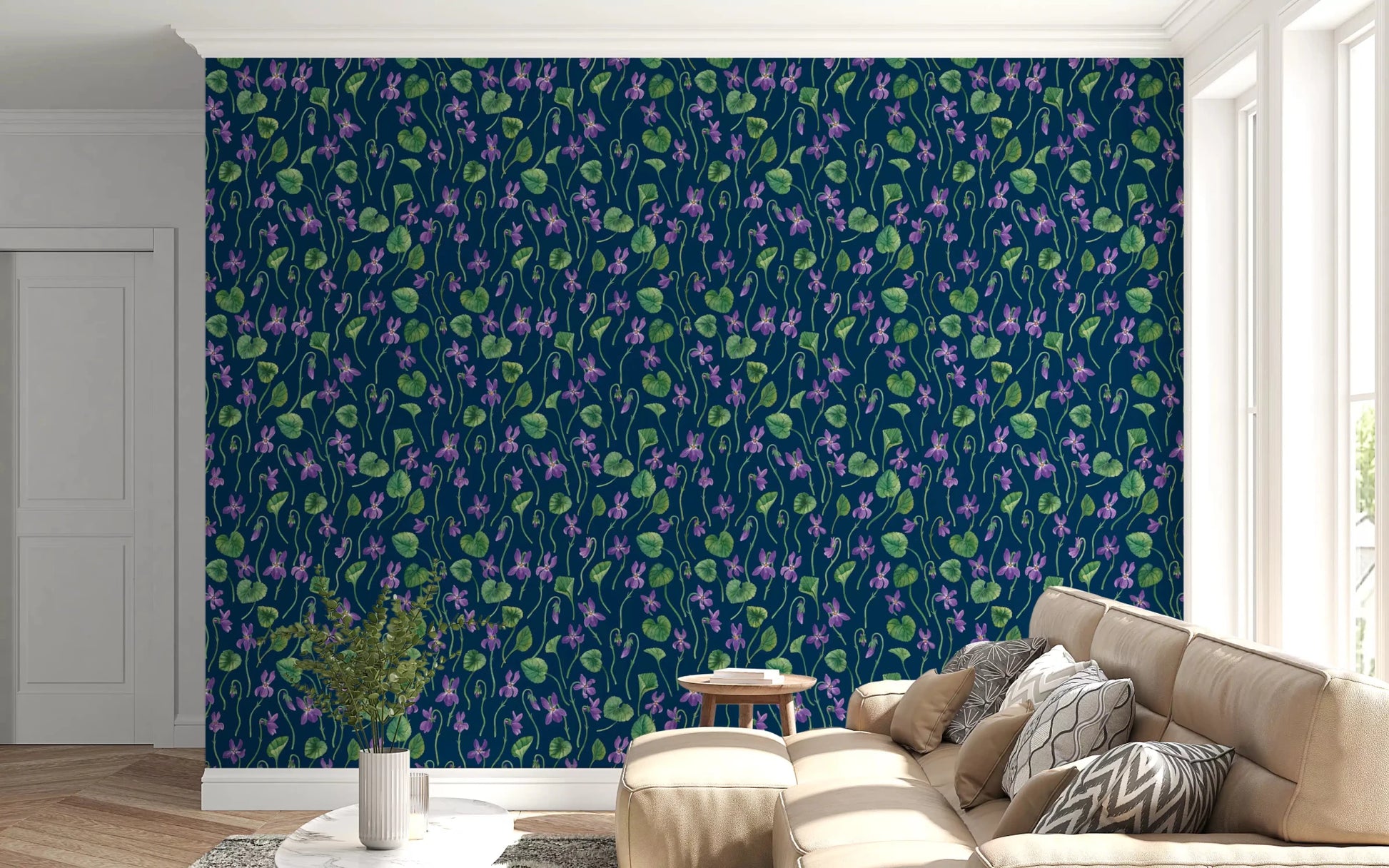 Hallway botanical wallpaper with purple flowers on blue ground GD9206