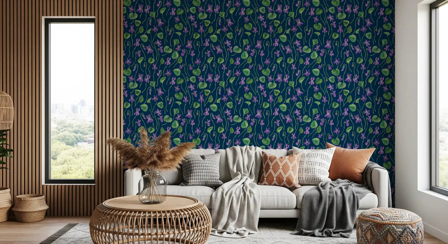 Blue wallpaper with scattered violet flowers and curved green stems GD9206