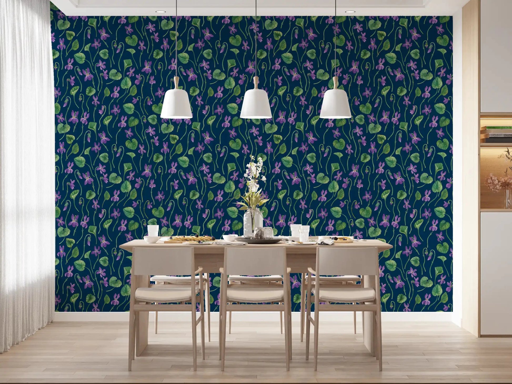 Bedroom violet wallpaper with painted leaves and floral spacing ⁠GD9206