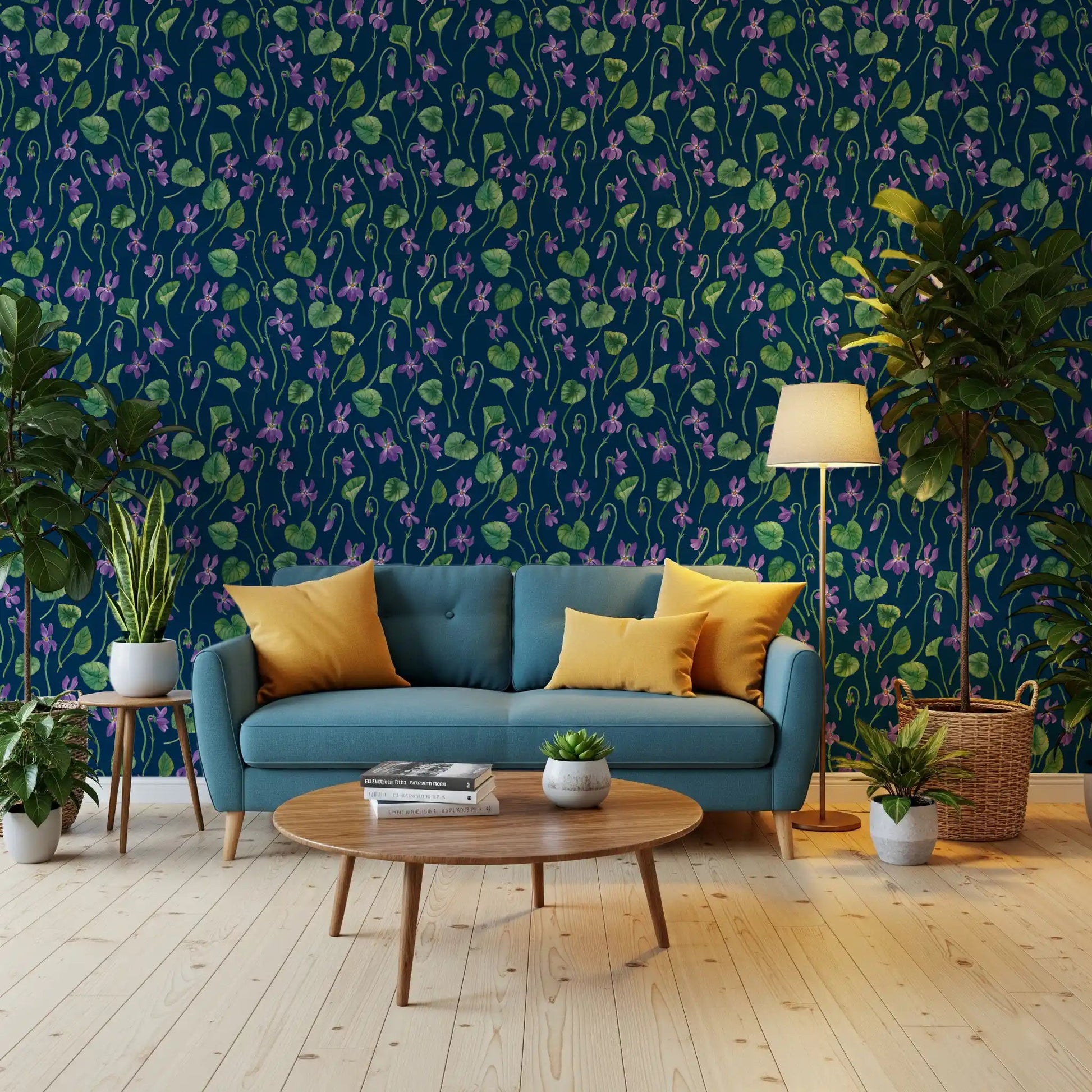 Purple flower wallpaper with watercolor leaves on a bold blue field GD9206