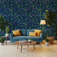 Purple flower wallpaper with watercolor leaves on a bold blue field GD9206