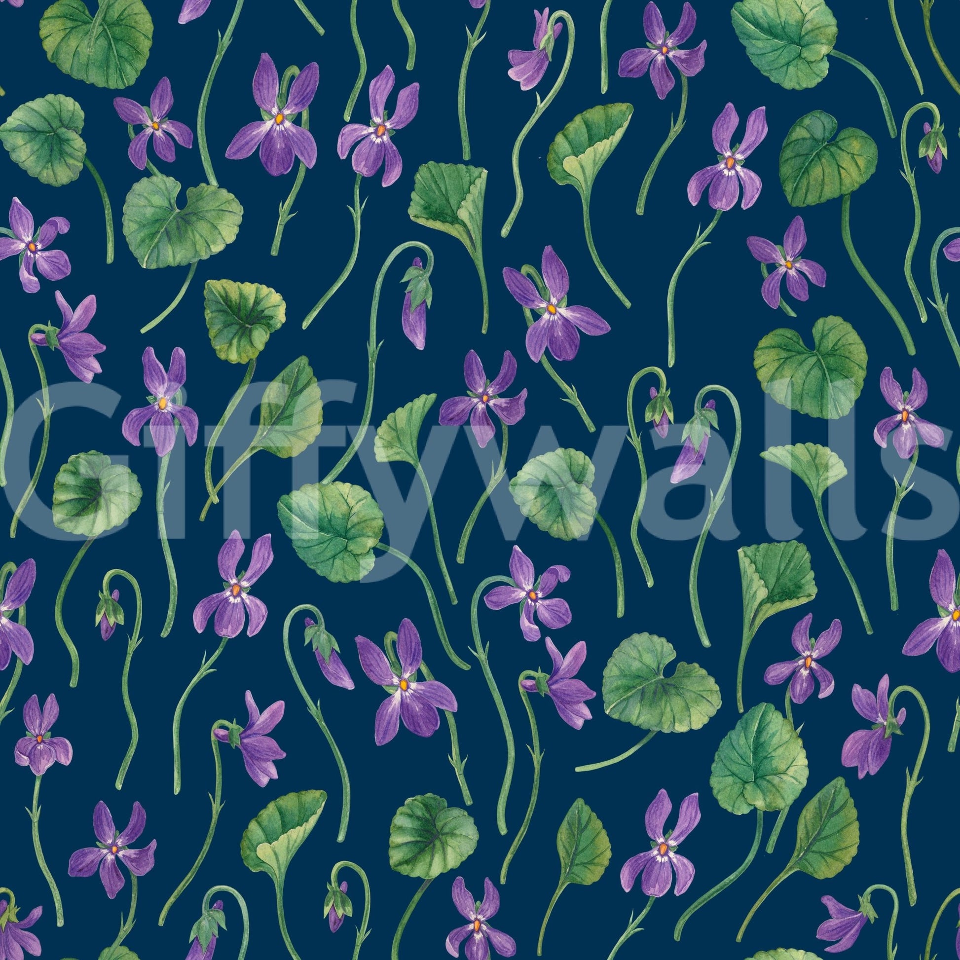 Floral pattern wallpaper with violet blooms and natural green tones