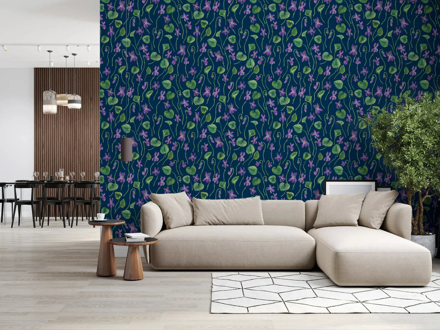 Living room wallpaper with violet blooms on a dark blue surface ⁠GD9206