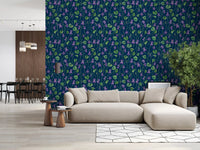 Living room wallpaper with violet blooms on a dark blue surface ⁠GD9206